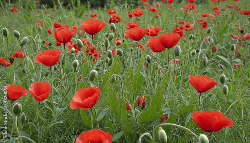 poppies in the field red and green absytract background with spring may flowers