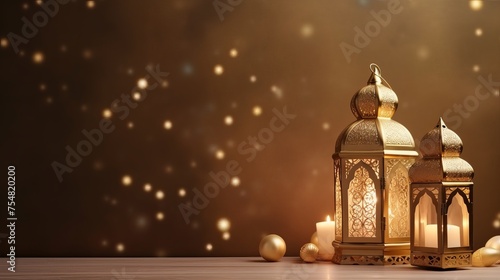 Islamic Concept Golden Color background Ramadan and eid al fitr Special Image dates with Turkish traditional lantern Light Lamp and Tasbeeh, Iftar image, Ramadan Kareem Mubarak 3D background