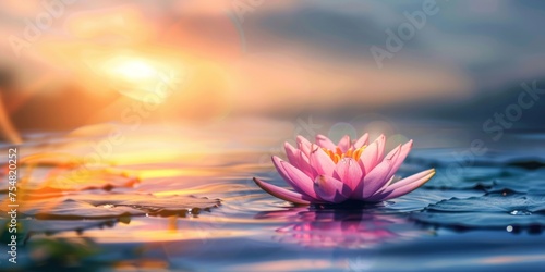 A tranquil pink lotus flower blooms on calm waters against a warm sunset, radiating peace and harmony.