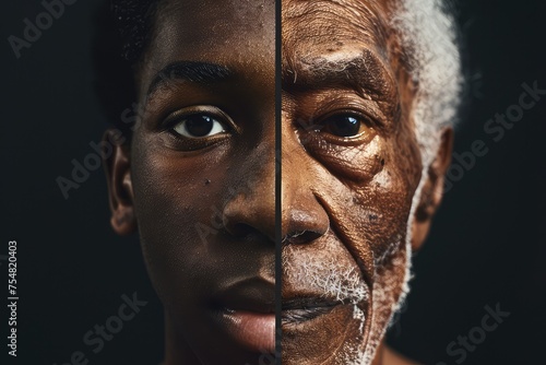 Young man old face life aging concept photo