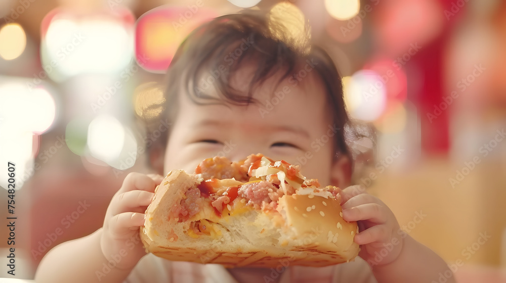 A young toddler with a big smile, holding up a large slice of pizza, enjoying a fun and delicious meal.

