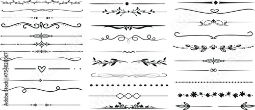 Decorative line borders, elegant design elements. Vector set of ornate patterns for invitations, certificates, documents. Vintage, swirls, flourishes. Black on white, intricate, detailed