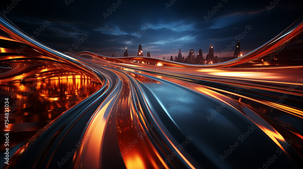 Fast moving cars on a road in the city at night. 3D rendering