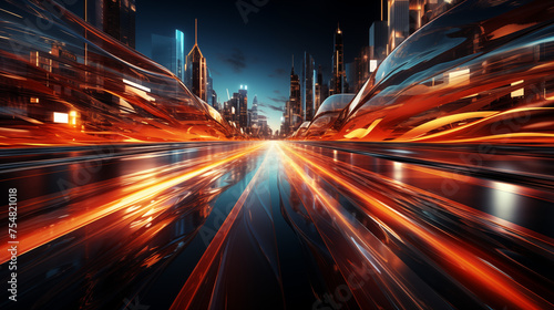 night scene of modern city with lights and fast moving car. 3d rendering