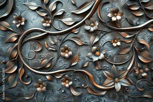 Elegant Floral Embossed Metal Pattern with Bronze and Copper Accents on Dark Background for Luxurious Design