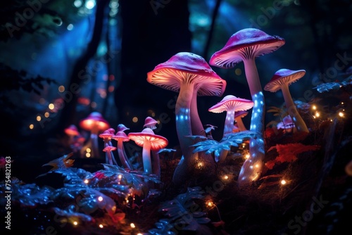Magical Neon light mushroom. Magic fantasy plant. Generate Ai
