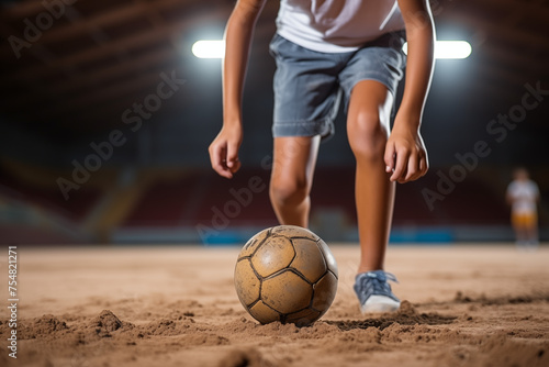 Cropped image of little boy playing football on the field at stadium