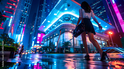 A woman walks confidently through the dazzling neon lights reflecting on the wet city streets at night. 