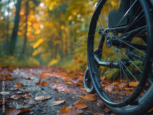 The close-up perspective of a wheelchair wheel on a forest path covered in autumn leaves, highlighting accessibility in nature.