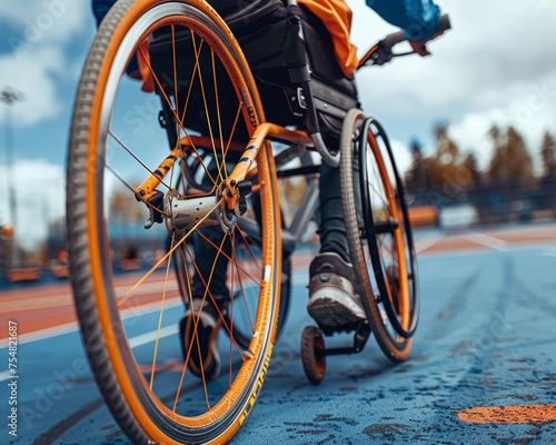 Low-angle view of an athlete in an orange wheelchair speeding along a blue running track, symbolizing adaptive sports and determination.