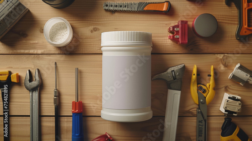 A professional set of DIY tools organized around a blank white jar on a wooden surface, ideal for branding opportunities