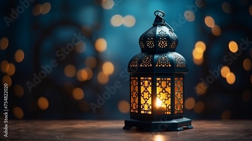 Ramadan Lantern illuminated in low light mode against an arabesque background. photo