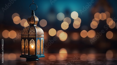 Ramadan Lantern illuminated in low light mode against an arabesque background. photo