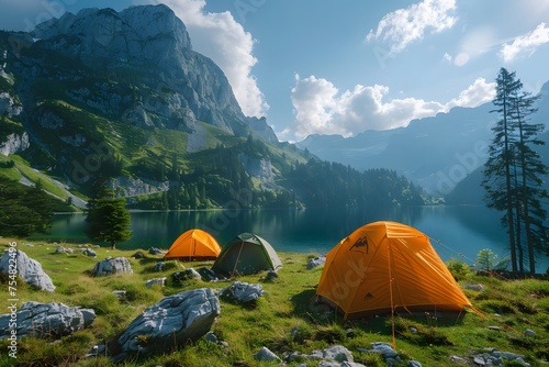 Beautiful campsite. Warm sunlight shine through the mountains onto green field. The lake and tranquil valley are visible in the background. We will experience an adventure amidst the beauty of nature.