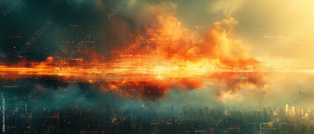 A vivid portrayal of a cityscape enshrouded in digital fire and smoke, symbolizing a cybernetic meltdown