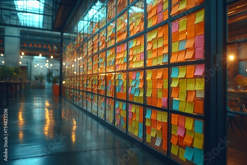 Business or creative presentation Team successful teamwork. Brainstorm meeting with sticky paper notes on glass wall for new ideas, Using agile methodology, Brainstorming in a tech start-up office