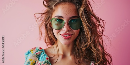 Young and happy woman in stylish sunglasses on pastel background