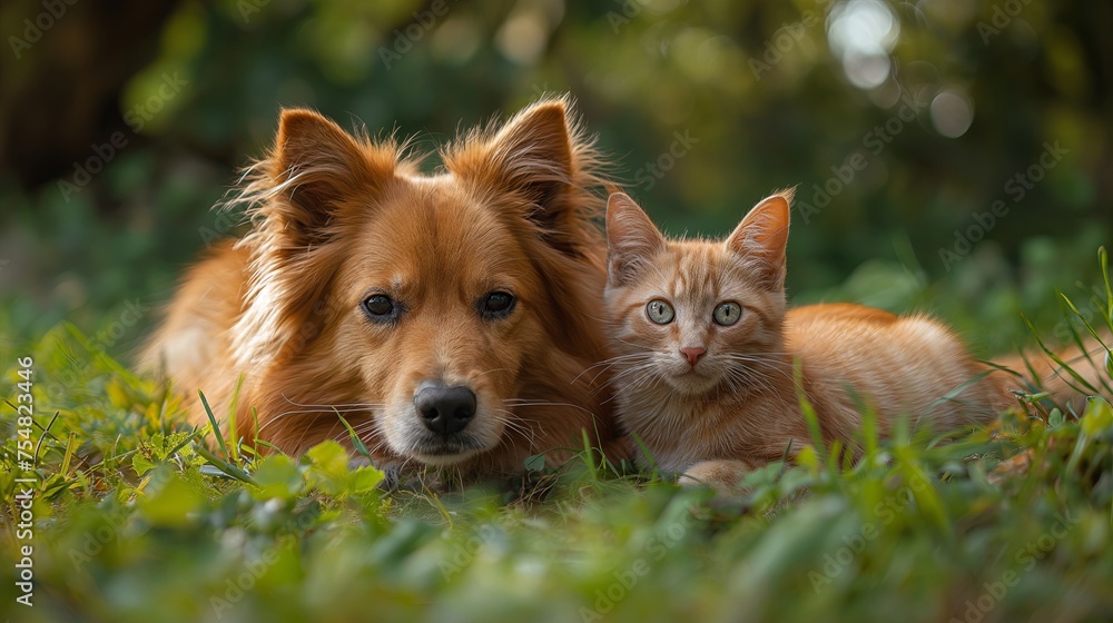 Cute dog and cat lying together on a green grass field nature in a spring sunny background Cute dog and cat lying together on a green grass field nature in a spring sunny background