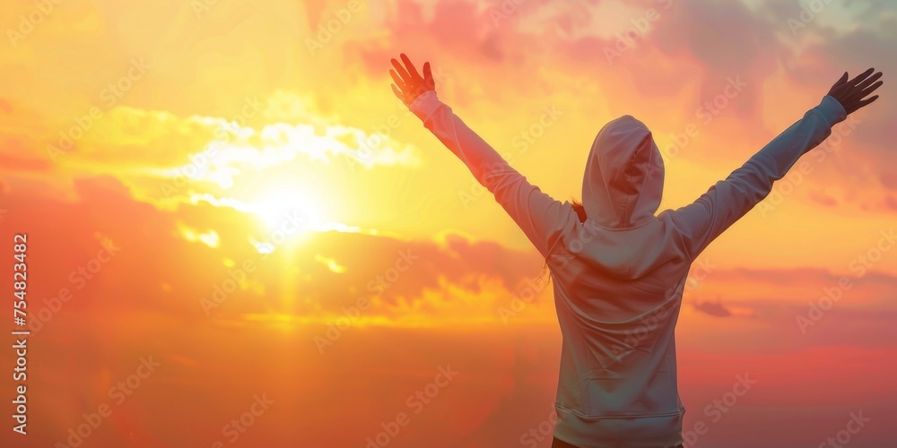 Silhouette of a joyful individual with arms spread wide, embracing a breathtaking sunset. Silhouette of a joyful individual with arms spread wide, embracing a breathtaking sunset.