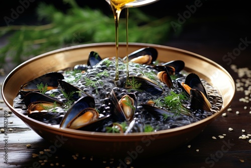 Savory Mussels boiled restaurant. Cuisine dish. Generate AI