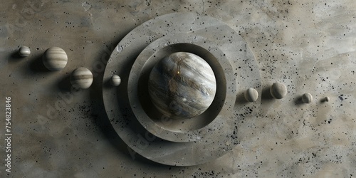 A creative depiction of the solar system's planetary alignment on a textured gray surface with shadows.