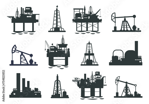 Oil platform silhouette. Offshore petroleum jack derrick tower, energy industry gas extraction plant, fuel production and transportation. Vector illustration photo