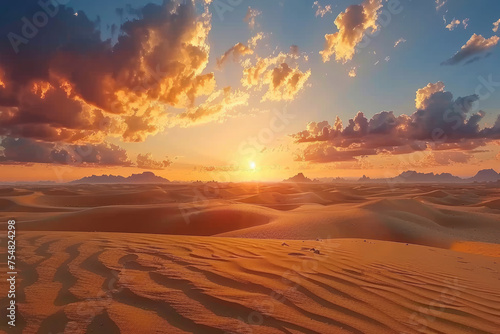 Desert landscape with blue cloudy sky at sunset