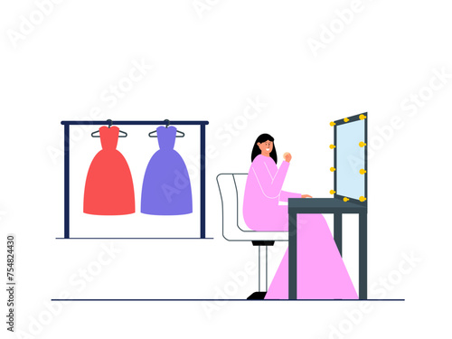Woman is putting on make up and getting ready to appear. Theatre vector illustration.