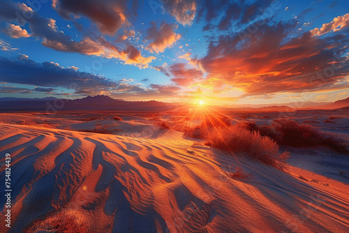 Desert landscape with blue cloudy sky at sunset
