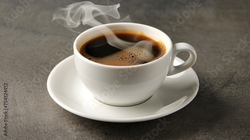 A fresh cup of steaming coffee placed on a white saucer, emitting a comforting aroma into the air.