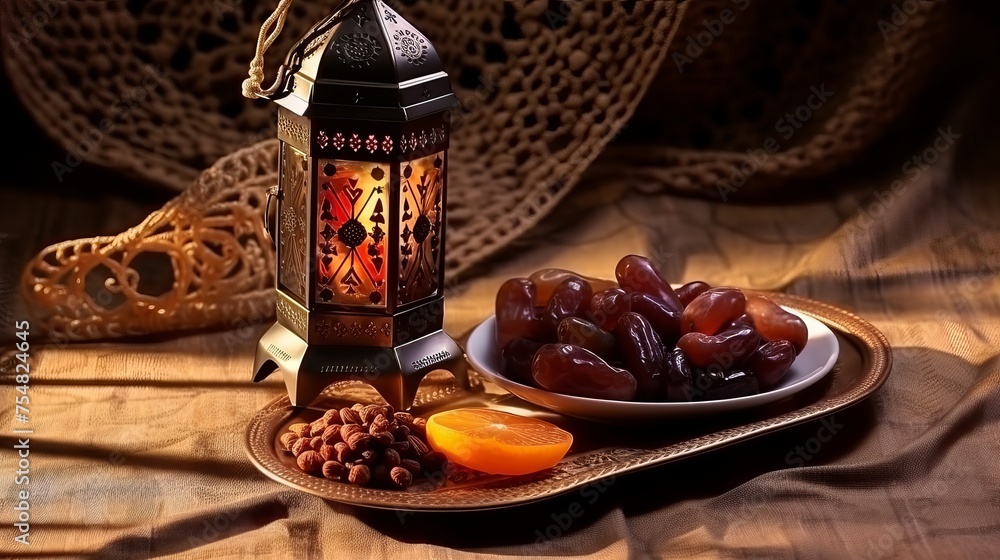 Traditional lantern, dates, rosary beads, and Arabic coffee cup on a small straw mat, casting arabesque shadows.