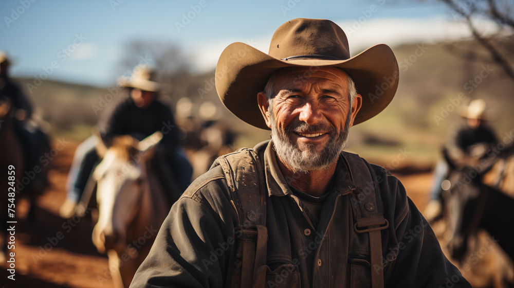Smiling cowboy with hat on horseback outdoors with riders in background.
