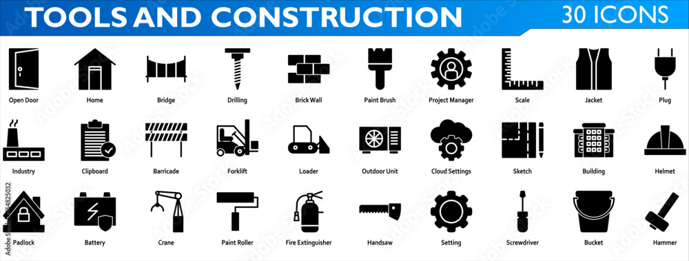Tools icon set. Containing home,bridge,drilling,brick wall,paint brush,scale,jacket,plug,industry,barricade,forklift,loader,sketch,helmet,padlock,crane,paint roller,handsaw,hammer. Solid style