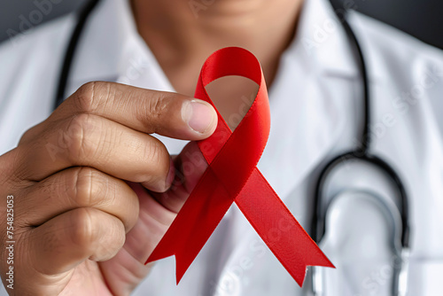 Close up of red AIDS awareness ribbon held by doctor's hand photo