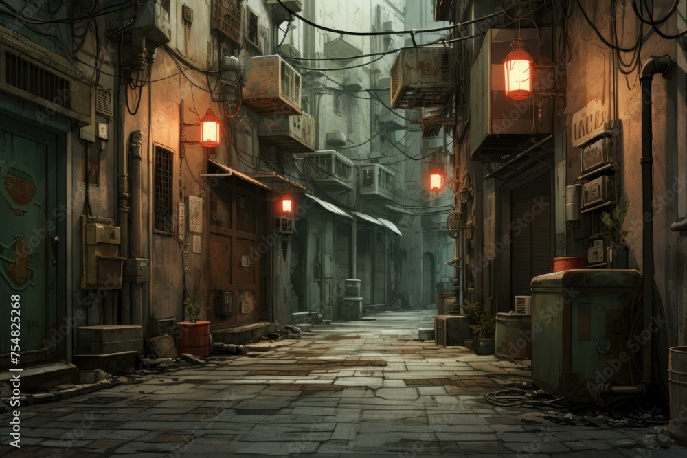 Secluded City narrow alley night. Alley house old. Generate Ai