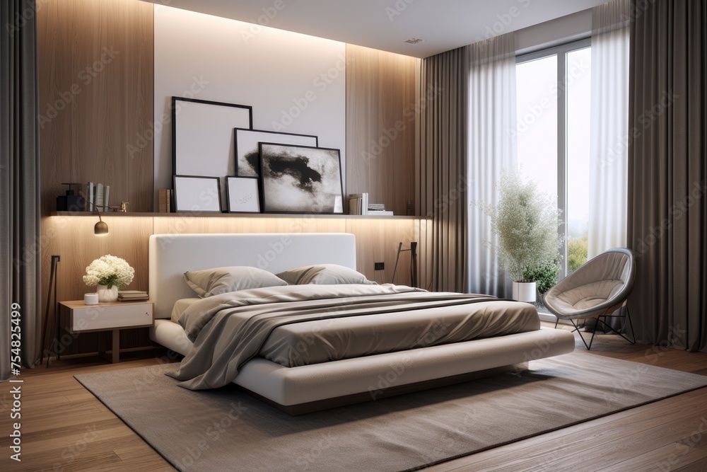 A serene modern bedroom design with a plush bed, framed artwork, and soft natural lighting..