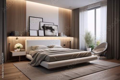 A serene modern bedroom design with a plush bed, framed artwork, and soft natural lighting.. © Lazylizard