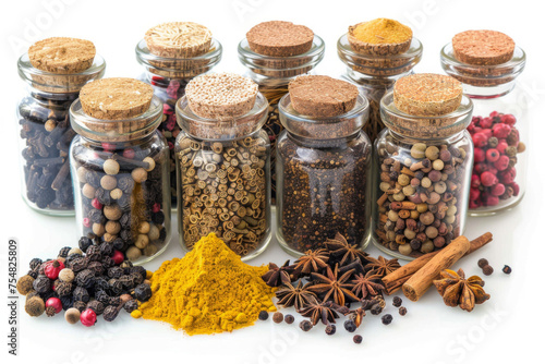 Assorted spices in glass jars with cork lids, including peppercorns, cinnamon sticks, and ground turmeric, on a white background