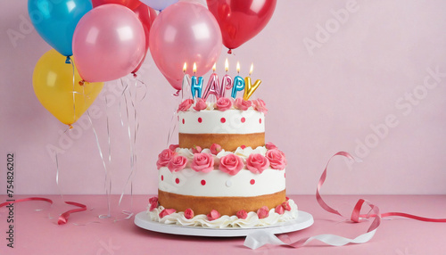 birthday cake with balloons pink colors beautiful holiday background 