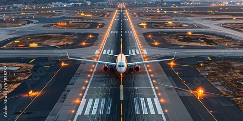 Aerial View of Airplane Taking Off from Airport Runway at Dusk, To showcase the infrastructure and technology used in modern aviation, highlighting