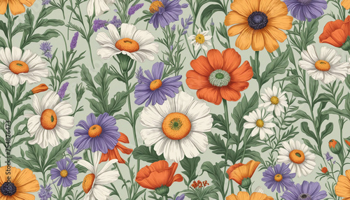 Vintage floral pattern  essence of a cottage garden  mix of wildflowers  daisies  lavender  and poppies