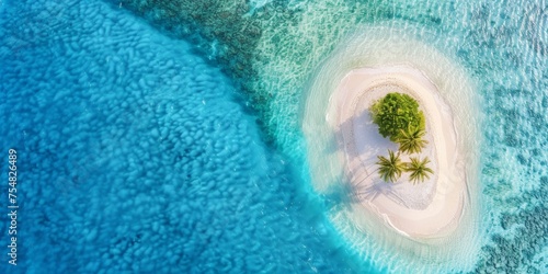 A breathtaking aerial shot of a small tropical island with lush palm trees surrounded by a turquoise ocean.