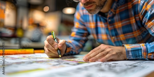 Male Designer Focused on Drawing Construction Plans with Pencil and Compass
