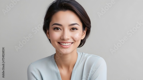 A relaxed portrait of a woman with a calm smile, the simplicity of a minimalist background emphasizing her serene demeanor, generative AI
