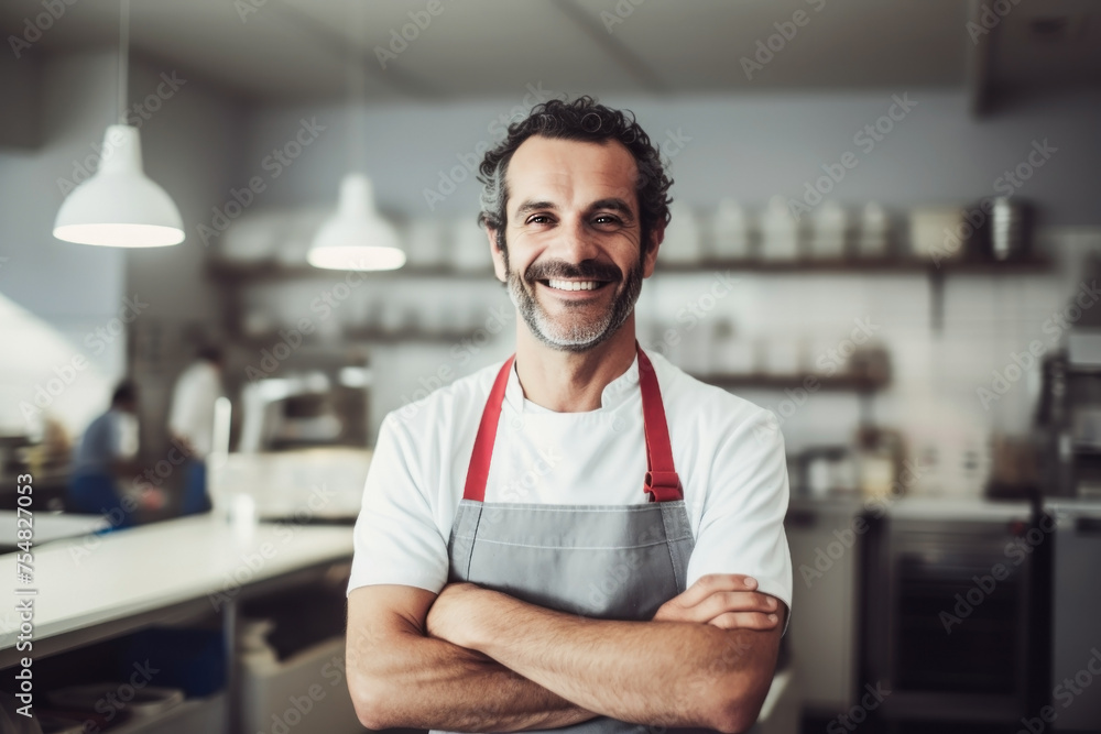 Happy man middle-aged in apron standing at a modern bakery shop, business owner or employee Happy man middle-aged in apron standing at a modern bakery shop, business owner or employee
