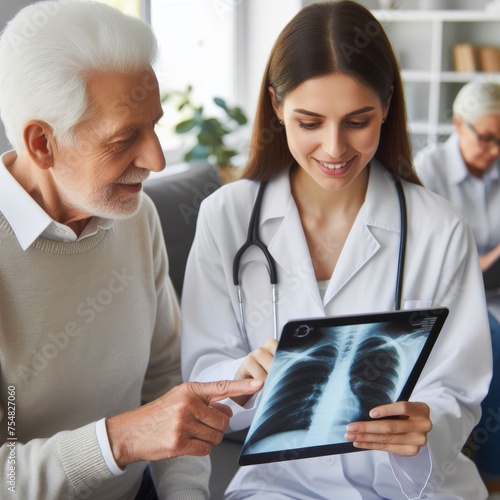 A caring doctor is warmly consulting with an elderly male patient, reviewing his X-ray results on a tablet in a professional yet compassionate manner, fostering trust and providing quality healthcare 
