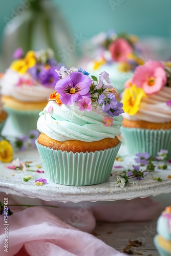 Delicate cupcakes with soft pink frosting and edible flower decorations, presented on a light pastel plate for a sophisticated dessert experience..
