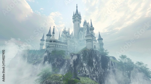 Magical virtual castle perched atop a misty hill  its turrets and spires reaching towards the digital sky in majestic splendor.