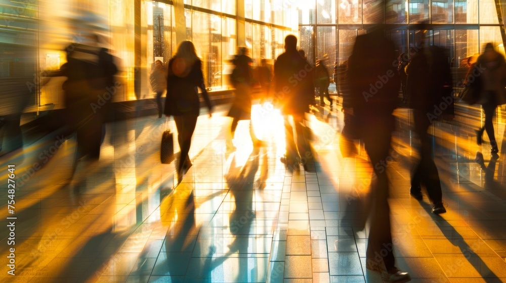 Motion blur of busy people moving about in a glowing, sunlit city scene, creating an abstract effect. Motion blur of busy people moving about in a glowing, sunlit city scene, creating an abstract effect.