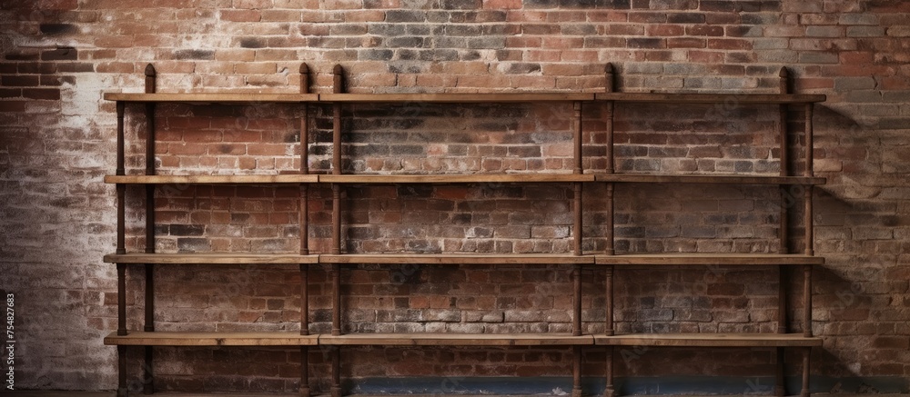 A two-tiered wooden shelf with various products displayed sits in front of an old, beautiful brick wall. The shelves are made of aged wood, contrasting with the textured brick background. A two-tiered wooden shelf with various products displayed sits in front of an old, beautiful brick wall. The shelves are made of aged wood, contrasting with the textured brick background.